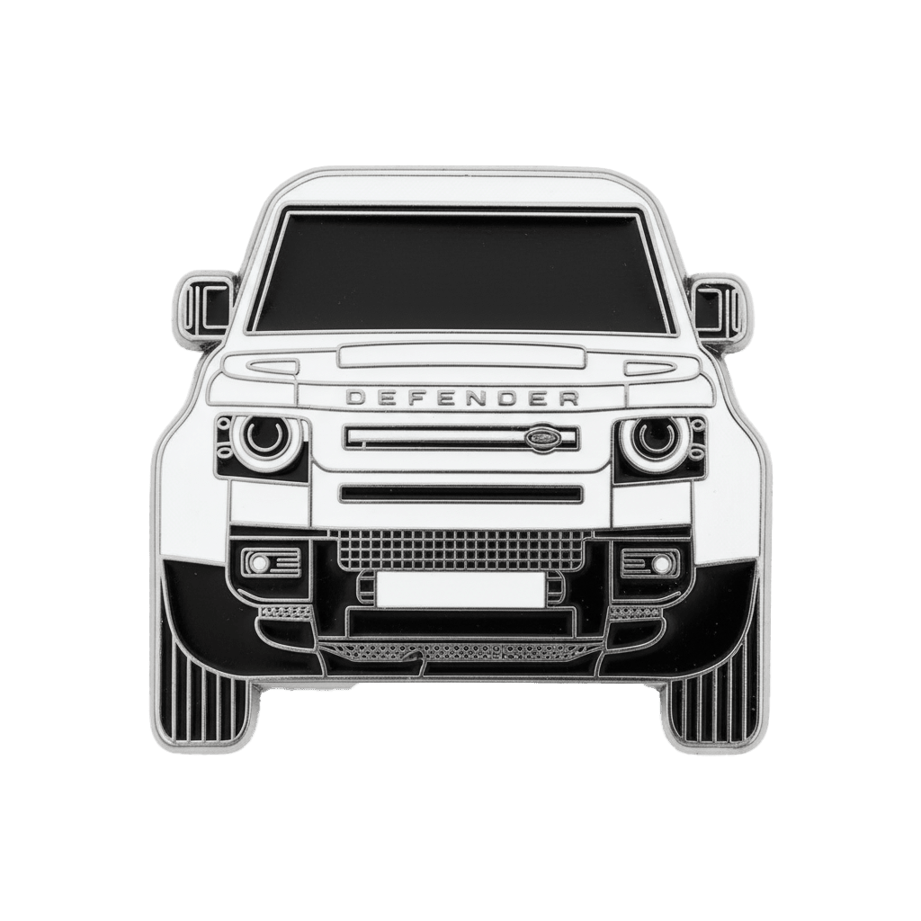 White Land Rover Defender 4x4 Front Metal Sticker With 3M Sticky Backing - StickyPins