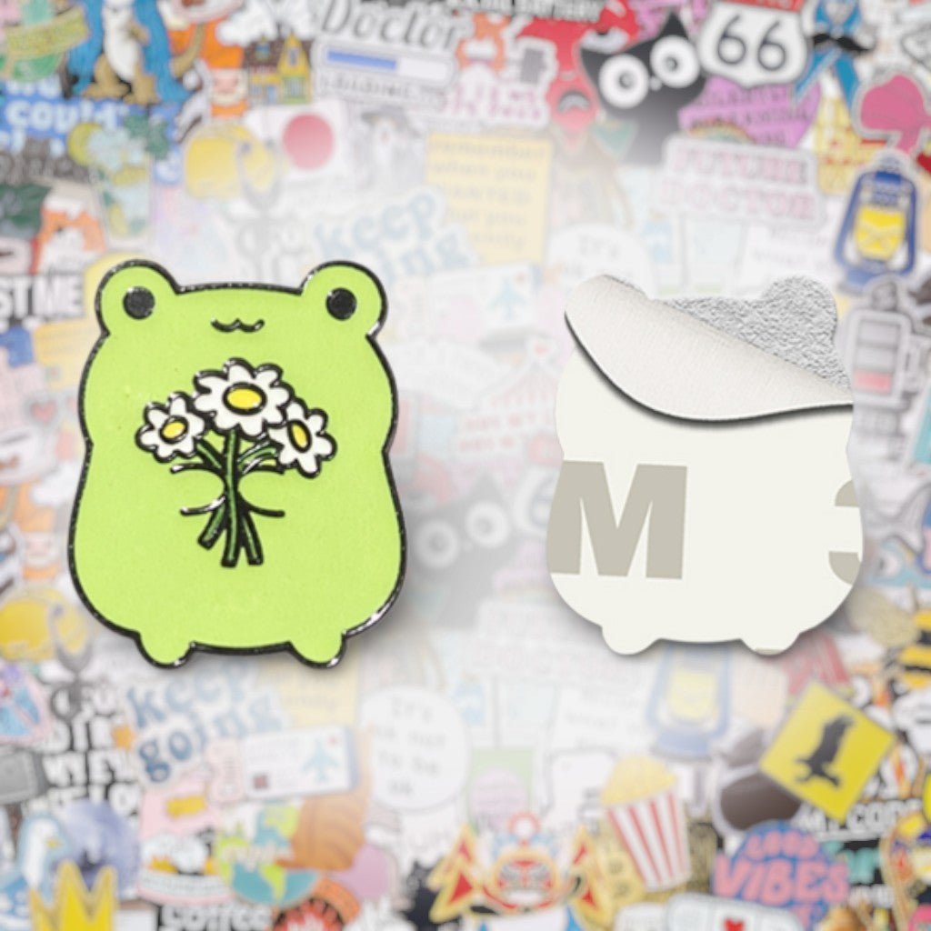 Cute Frog Holding Flowers Metal Phone Sticker with 3M Sticky Backing - StickyPins