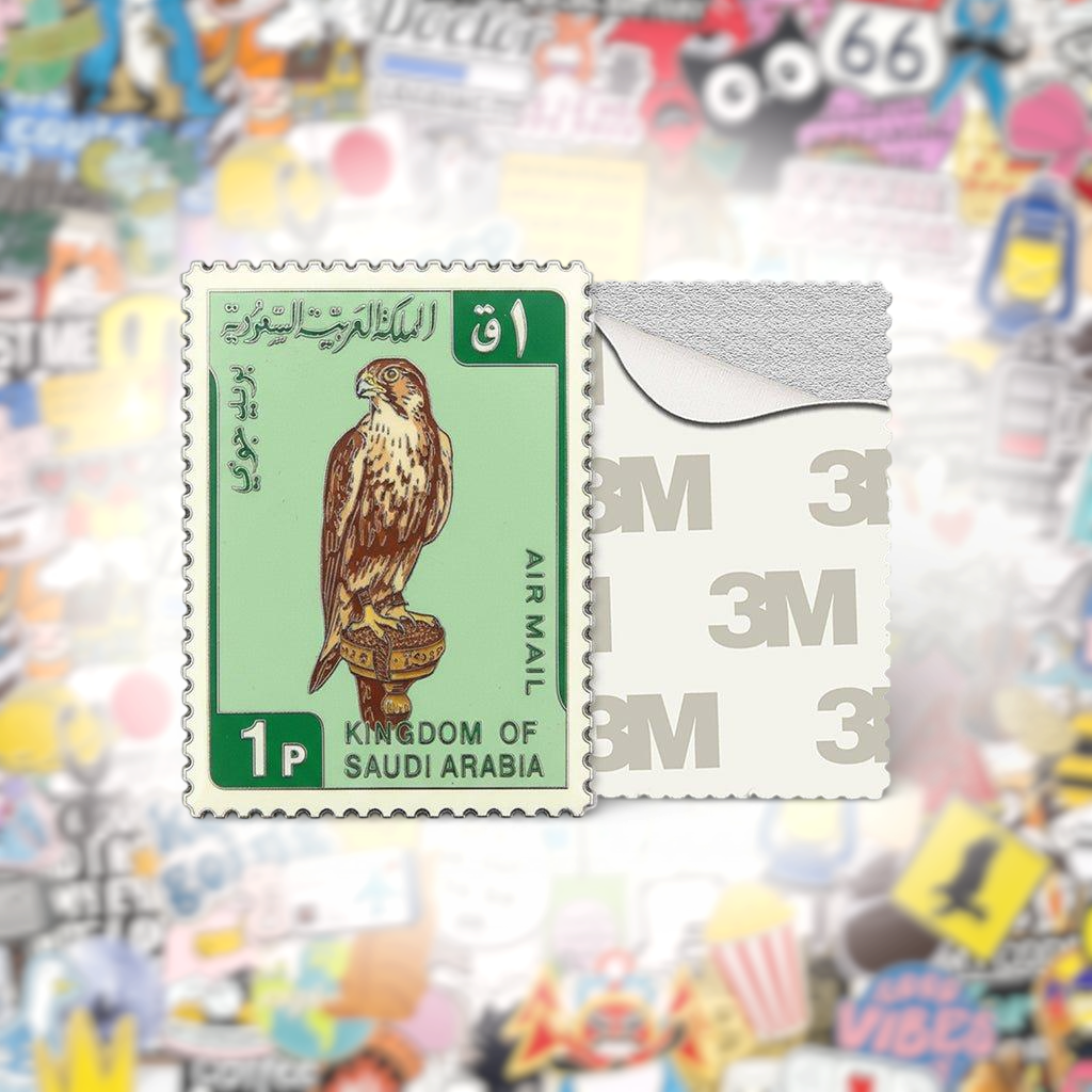 Vintage Saudi Falcon Stamp Metal Phone Sticker With 3M Sticky Backing - StickyPins
