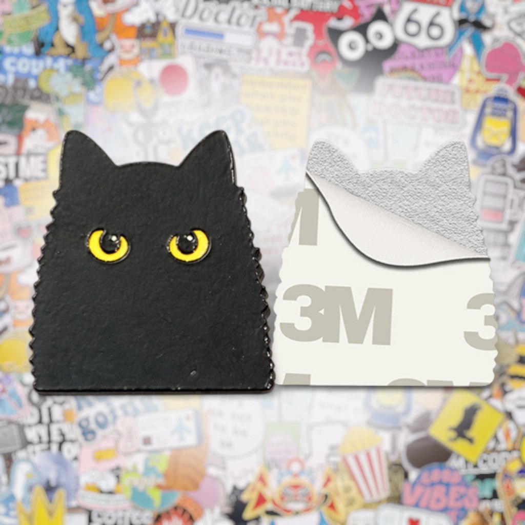 Fluffy Black Cat Metal Phone Sticker with 3M Sticky Backing - StickyPins