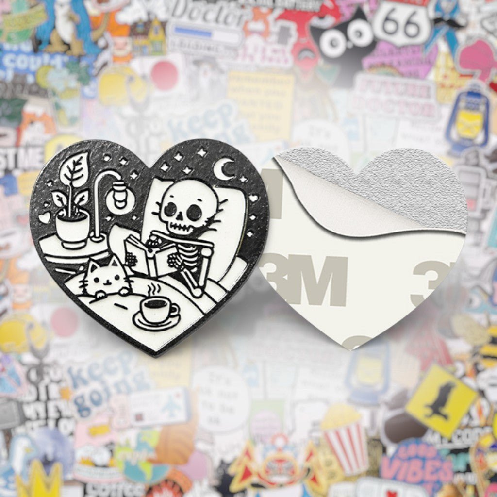 Cozy Skeleton Reading Metal Phone Sticker with 3M Sticky Backing - StickyPins