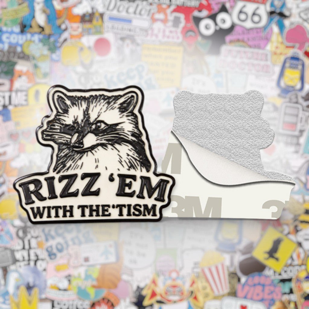 Rizz 'Em With The 'Tism Raccoon Metal Phone Sticker with 3M Sticky Backing - StickyPins