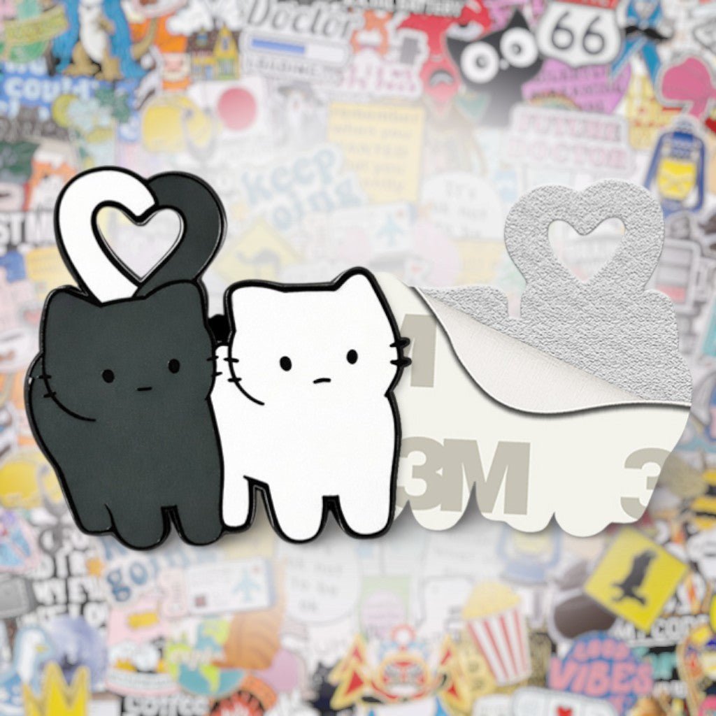 Black and White Cats Heart Tail Metal Phone Sticker with 3M Sticky Backing - StickyPins