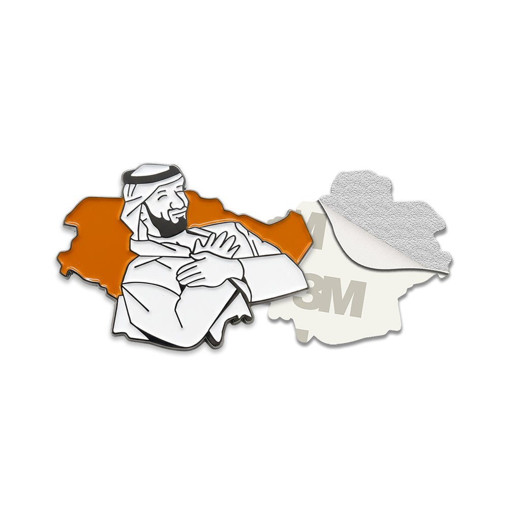 Mohammed bin Salman MBS Crossed Arms Orange Map Metal Phone Sticker With 3M Sticky Backing - StickyPins