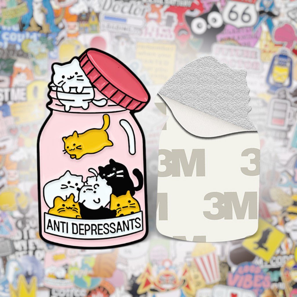 Anti - Depressants Cat Jar Metal Phone Sticker With 3M Sticky Backing - StickyPins