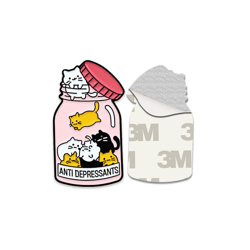 Anti - Depressants Cat Jar Metal Phone Sticker With 3M Sticky Backing - StickyPins