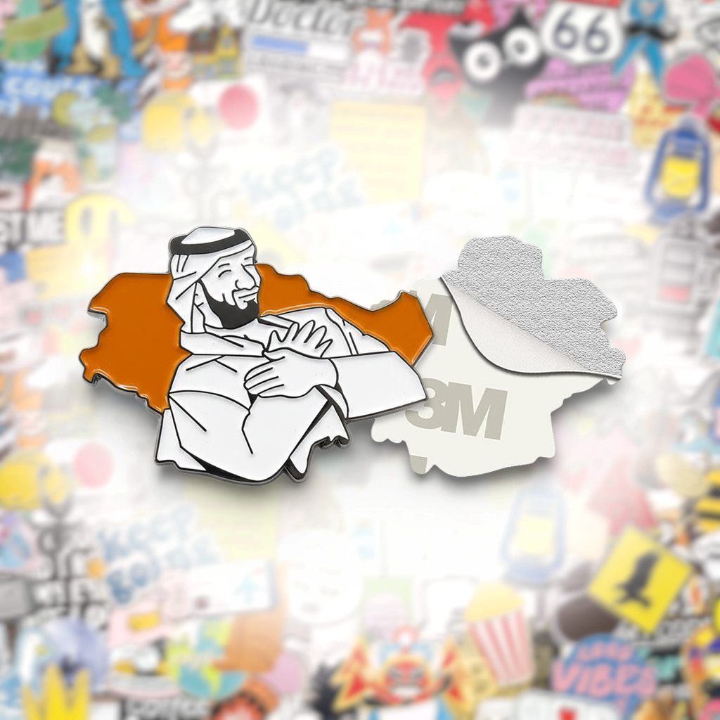 Mohammed bin Salman MBS Crossed Arms Orange Map Metal Phone Sticker With 3M Sticky Backing - StickyPins