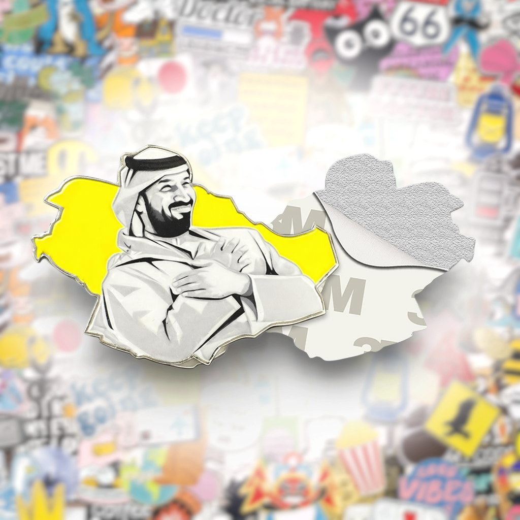 Mohammed bin Salman MBS Crossed Arms Yellow Map Metal Phone Sticker With 3M Sticky Backing - StickyPins