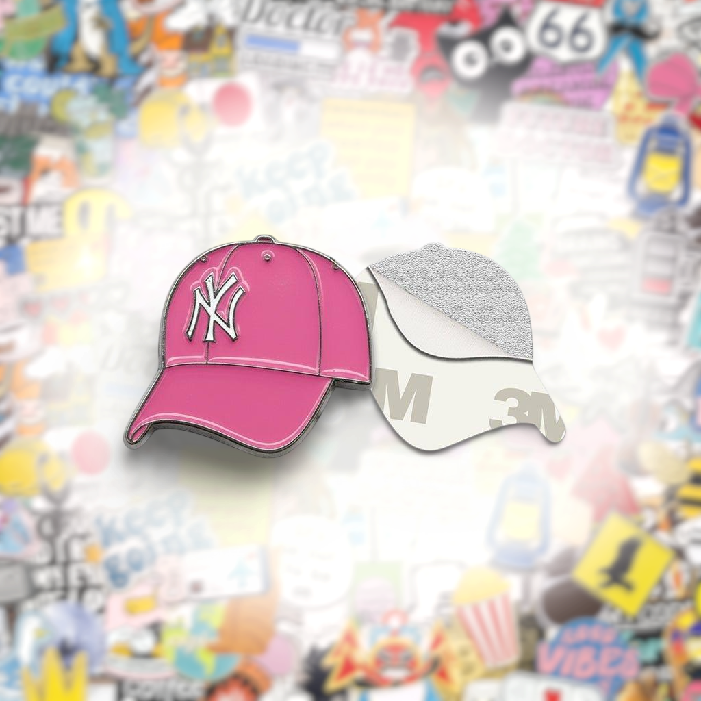 Pink NY Cap Metal Phone Sticker With 3M Sticky Backing - StickyPins