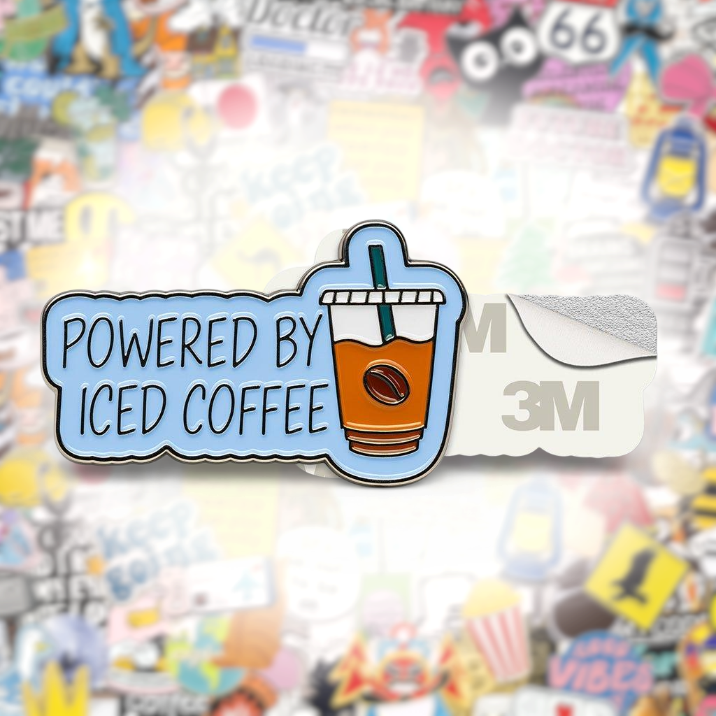 Powered By Iced Coffee Metal Phone Sticker With 3M Sticky Backing - StickyPins