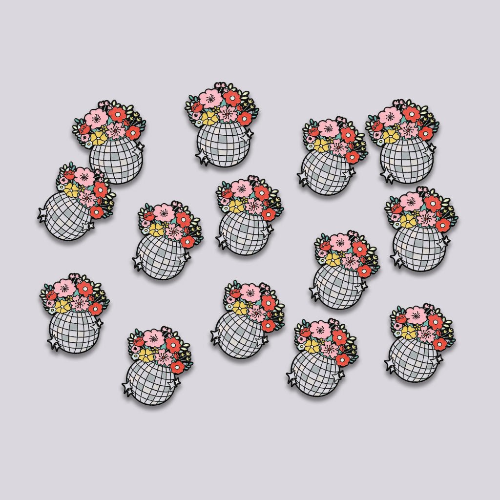 Disco Ball Flower Vase Metal Phone Sticker with 3M Sticky Backing - StickyPins