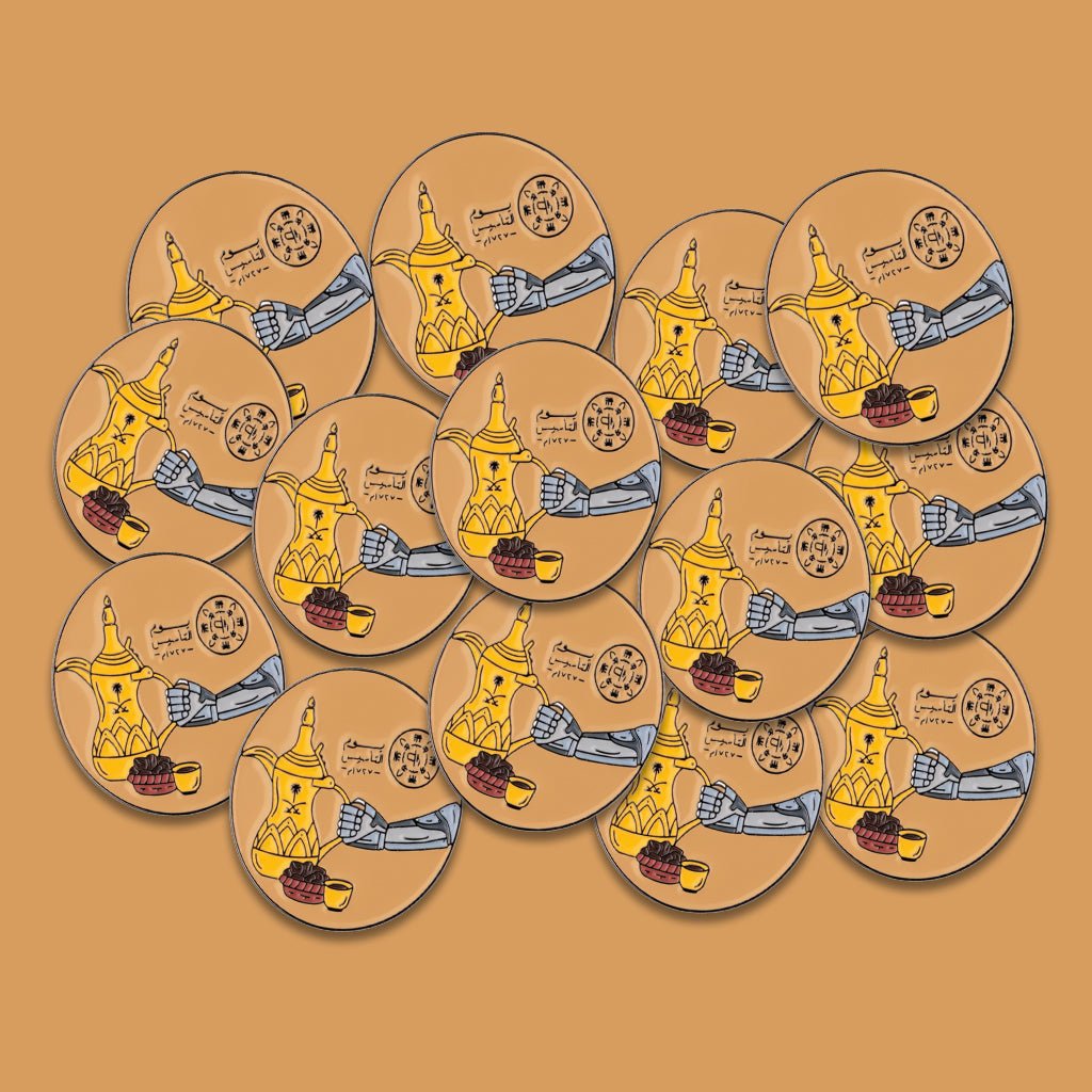 Saudi Founding Day Robot Coffee Dallah Metal Sticker With 3M Sticky Backing - StickyPins