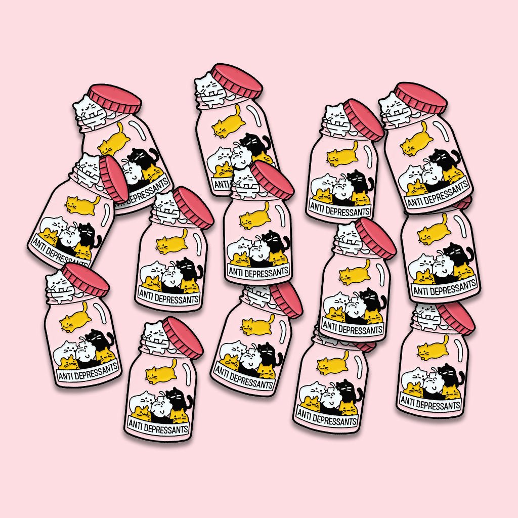 Anti - Depressants Cat Jar Metal Phone Sticker With 3M Sticky Backing - StickyPins