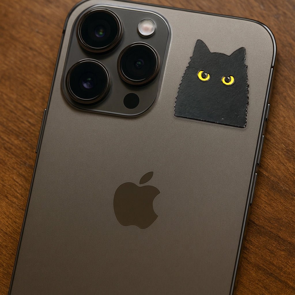 Fluffy Black Cat Metal Phone Sticker with 3M Sticky Backing - StickyPins