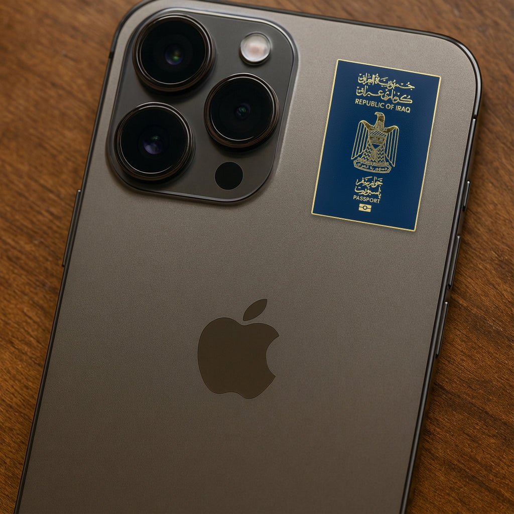 Iraq Passport Metal Phone Sticker With 3M Sticky Backing - StickyPins