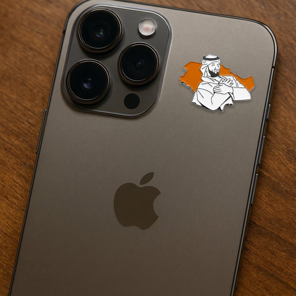Mohammed bin Salman MBS Crossed Arms Orange Map Metal Phone Sticker With 3M Sticky Backing - StickyPins