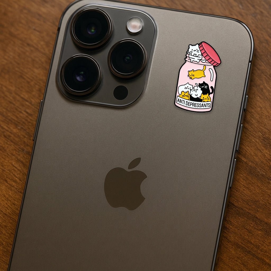 Anti - Depressants Cat Jar Metal Phone Sticker With 3M Sticky Backing - StickyPins