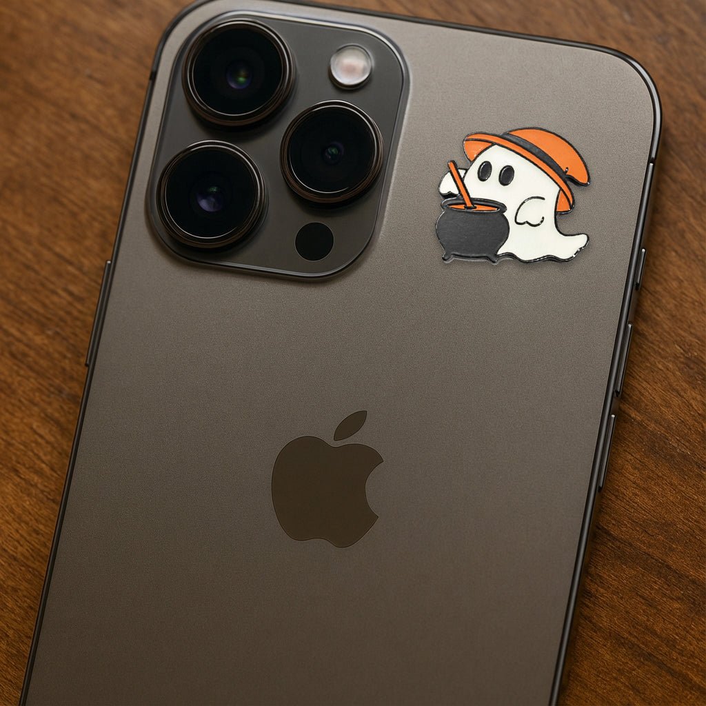 Cute Ghost Cauldron Metal Phone Sticker with 3M Sticky Backing - StickyPins