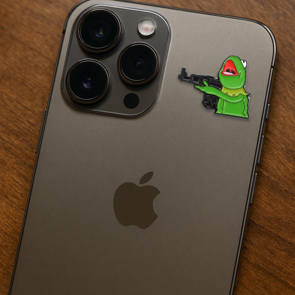 Kermit Shooting AK - 47 Gun Metal Phone Sticker With 3M Sticky Backing - StickyPins