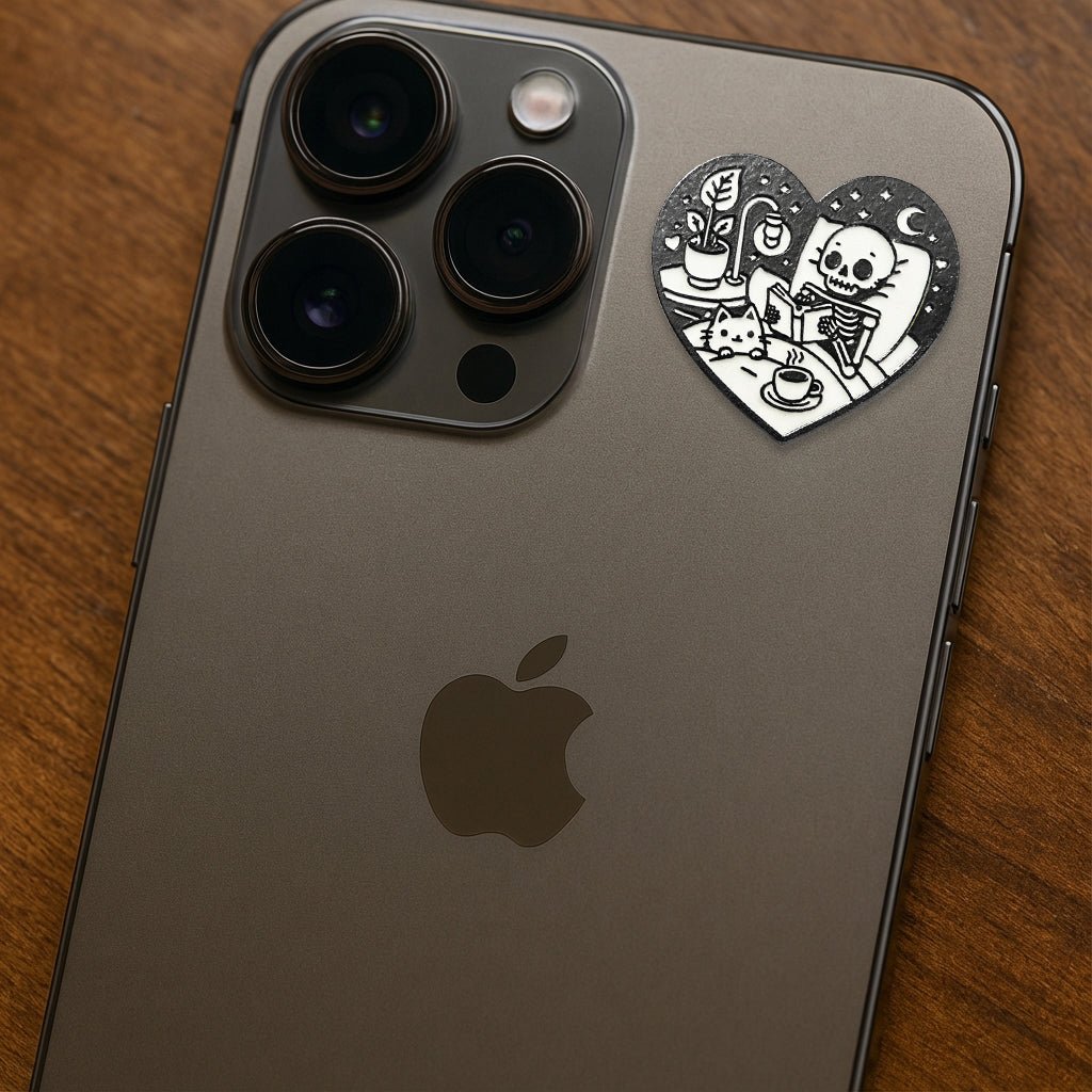 Cozy Skeleton Reading Metal Phone Sticker with 3M Sticky Backing - StickyPins