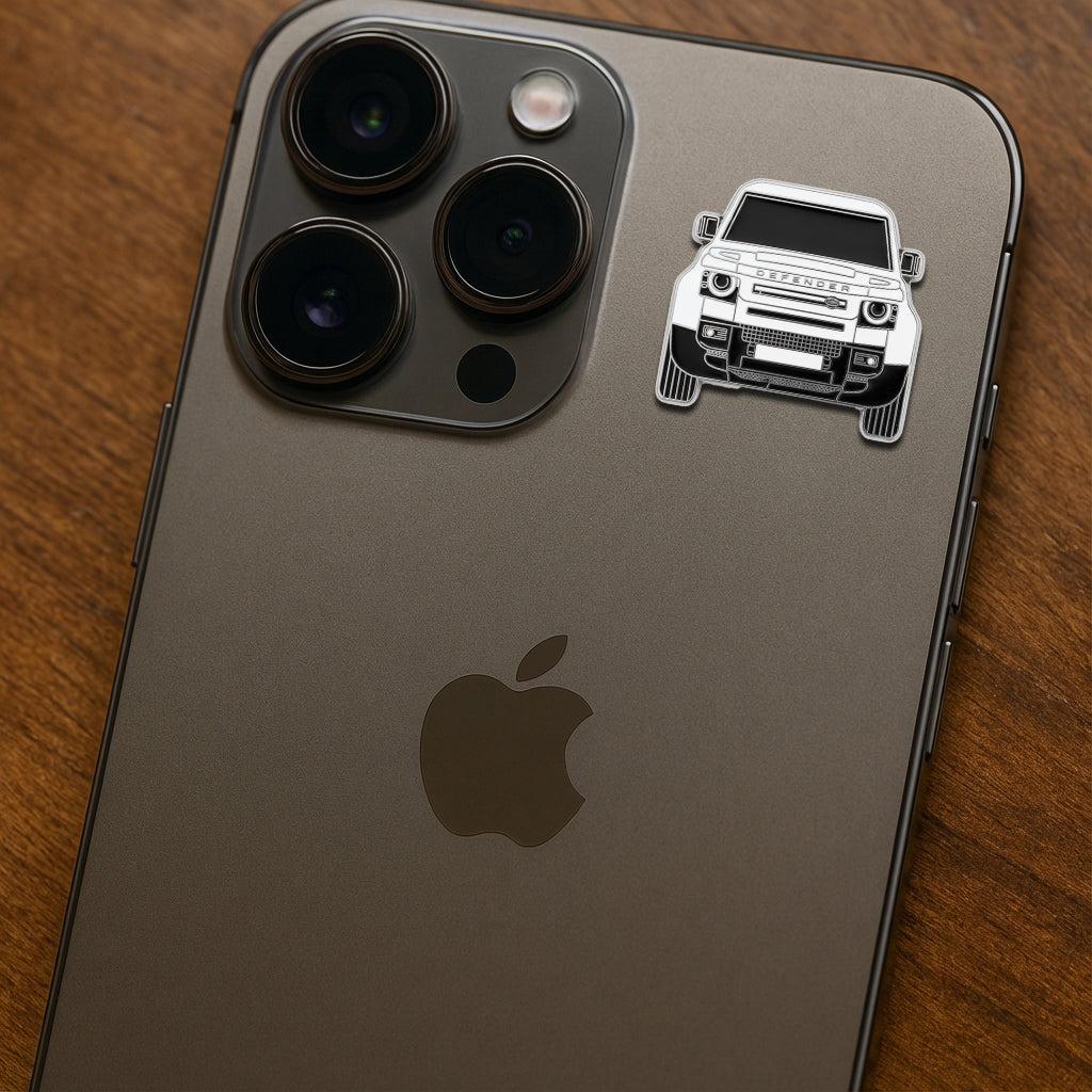 White Land Rover Defender 4x4 Front Metal Sticker With 3M Sticky Backing - StickyPins