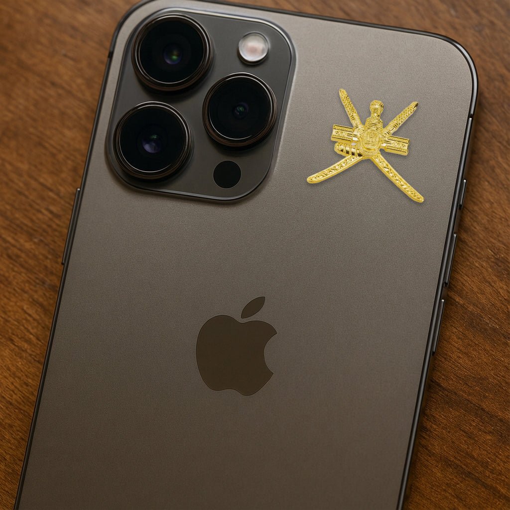 Oman National Emblem Khanjar Bo Sayfain Gold Metal Phone Sticker With 3M Sticky Backing - StickyPins