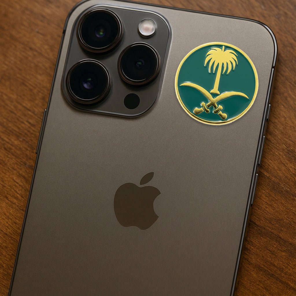 Saudi Palm & Swords Emblem Metal Phone Sticker With 3M Sticky Backing - StickyPins