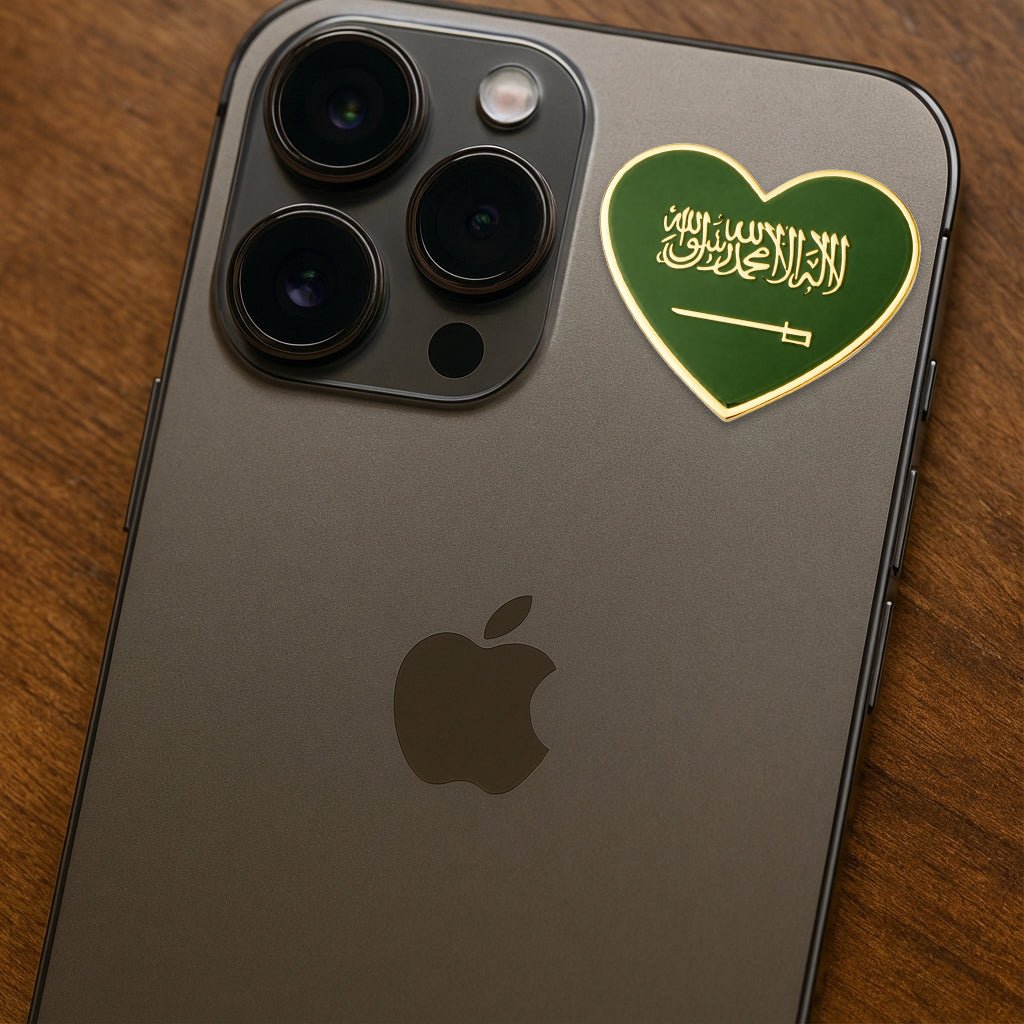 Saudi Flag Heart Green and Gold Metal Phone Sticker With 3M Sticky Backing - StickyPins