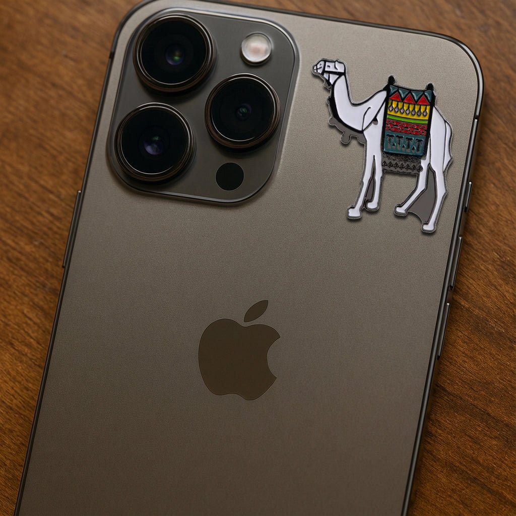 White Camel With Bedouin Blanket Metal Phone Sticker With 3M Sticky Backing - StickyPins