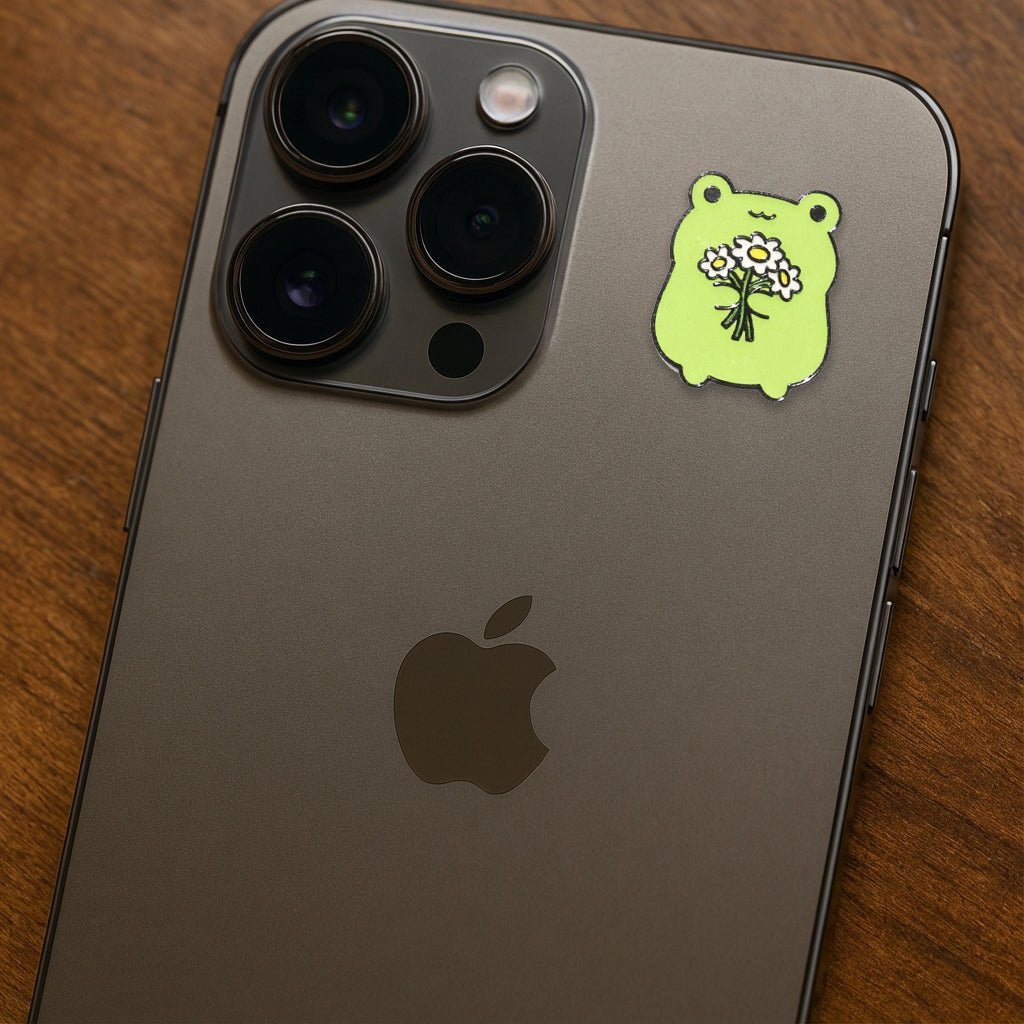 Cute Frog Holding Flowers Metal Phone Sticker with 3M Sticky Backing - StickyPins