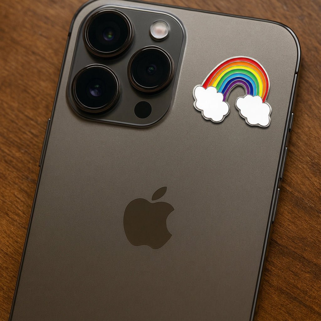 Rainbow With Clouds Metal Phone Sticker With 3M Sticky Backing - StickyPins