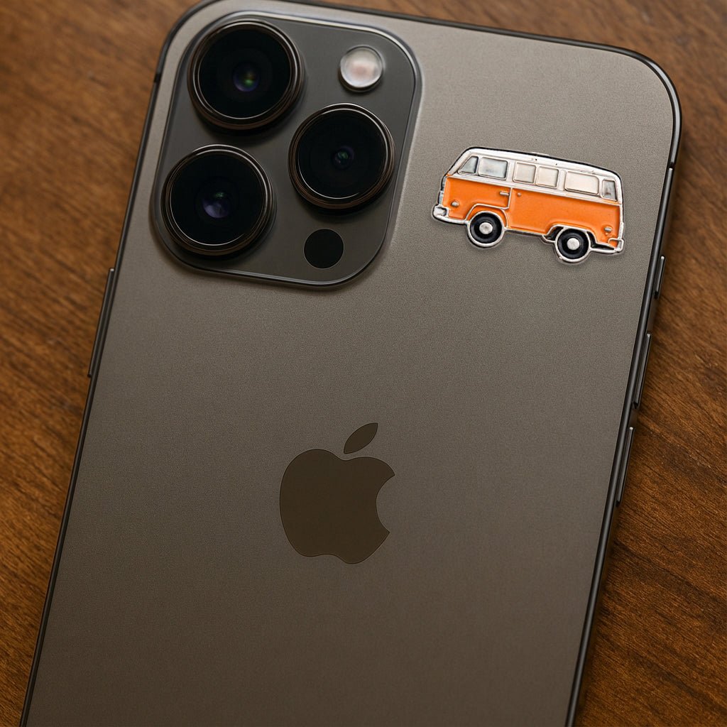 Mini Orange Campervan Metal Phone Sticker with 3M Sticky Backing - StickyPins