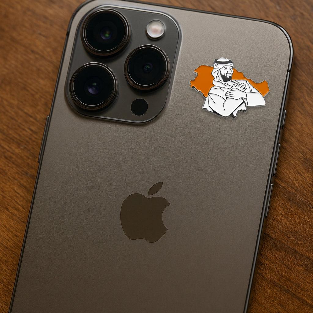 Mohammed bin Salman MBS Crossed Arms Orange Map Metal Phone Sticker With 3M Sticky Backing - StickyPins