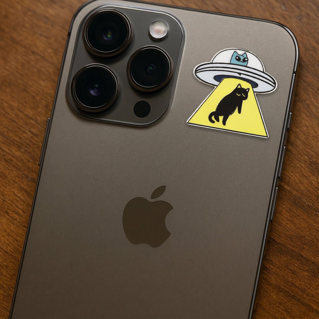 Black Cat UFO Metal Phone Sticker with 3M Sticky Backing - StickyPins