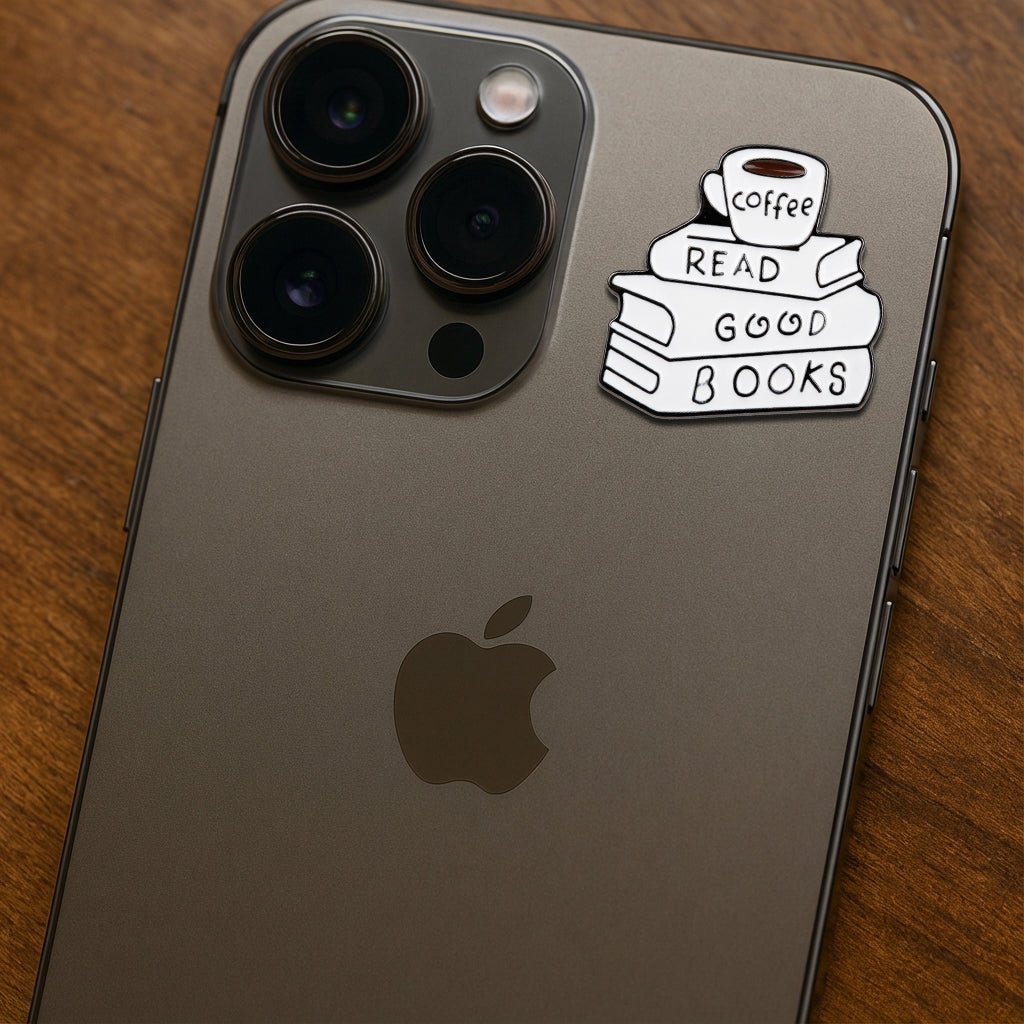 Read Good Books Coffee Stack Metal Phone Sticker With 3M Sticky Backing - StickyPins