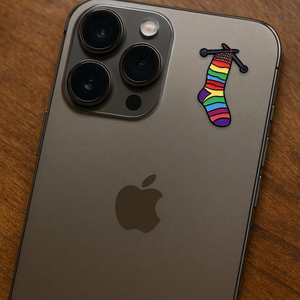 Rainbow Sock Knitting Metal Phone Sticker with 3M Sticky Backing - StickyPins