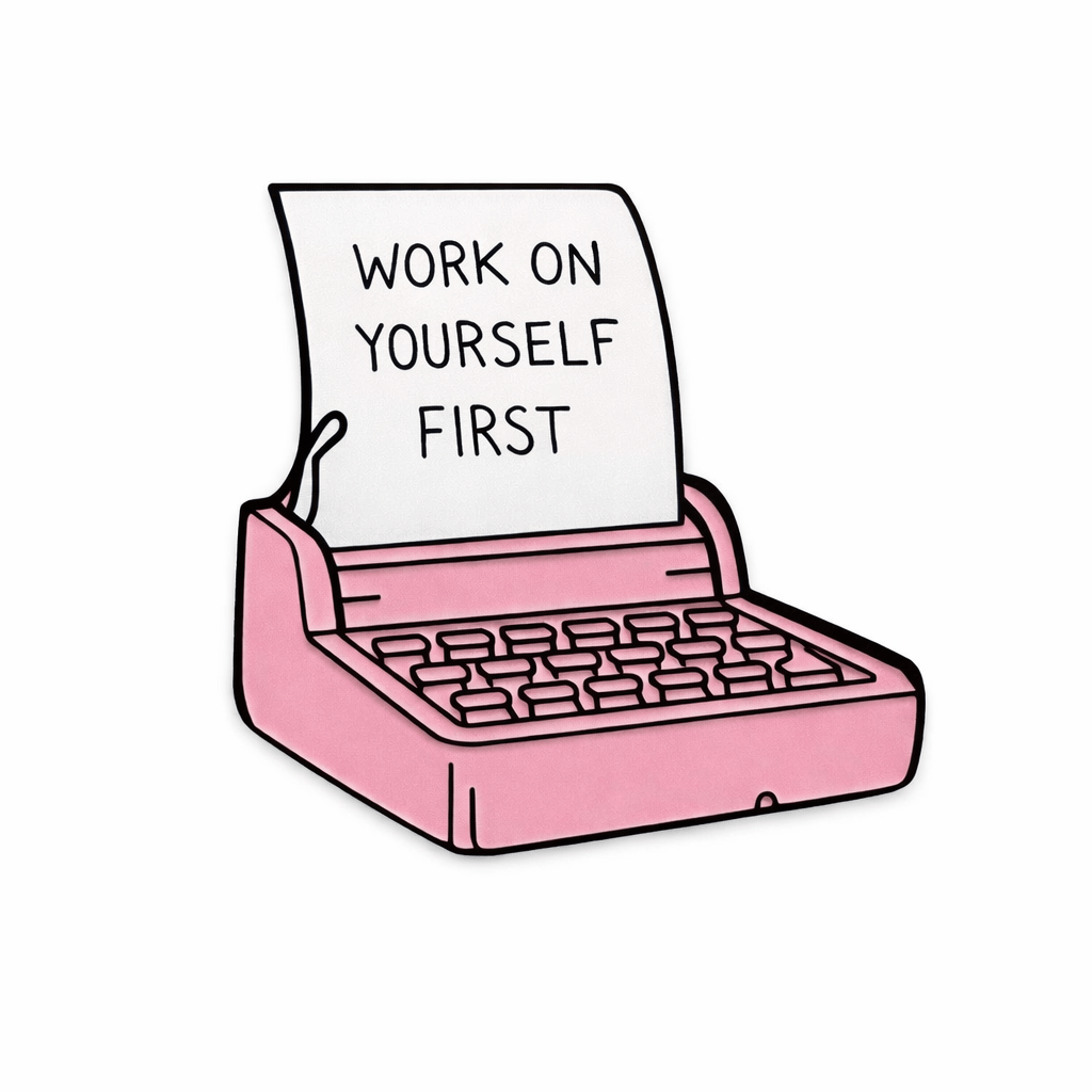 Work On Yourself First Pink Typewriter Metal Phone Sticker With 3M Sticky Backing - StickyPins